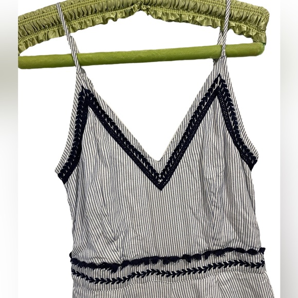 Japna Blue White Pin Striped Embroidered Empire Waist Wide Leg Casual Jumpsuit - Picture 2 of 7